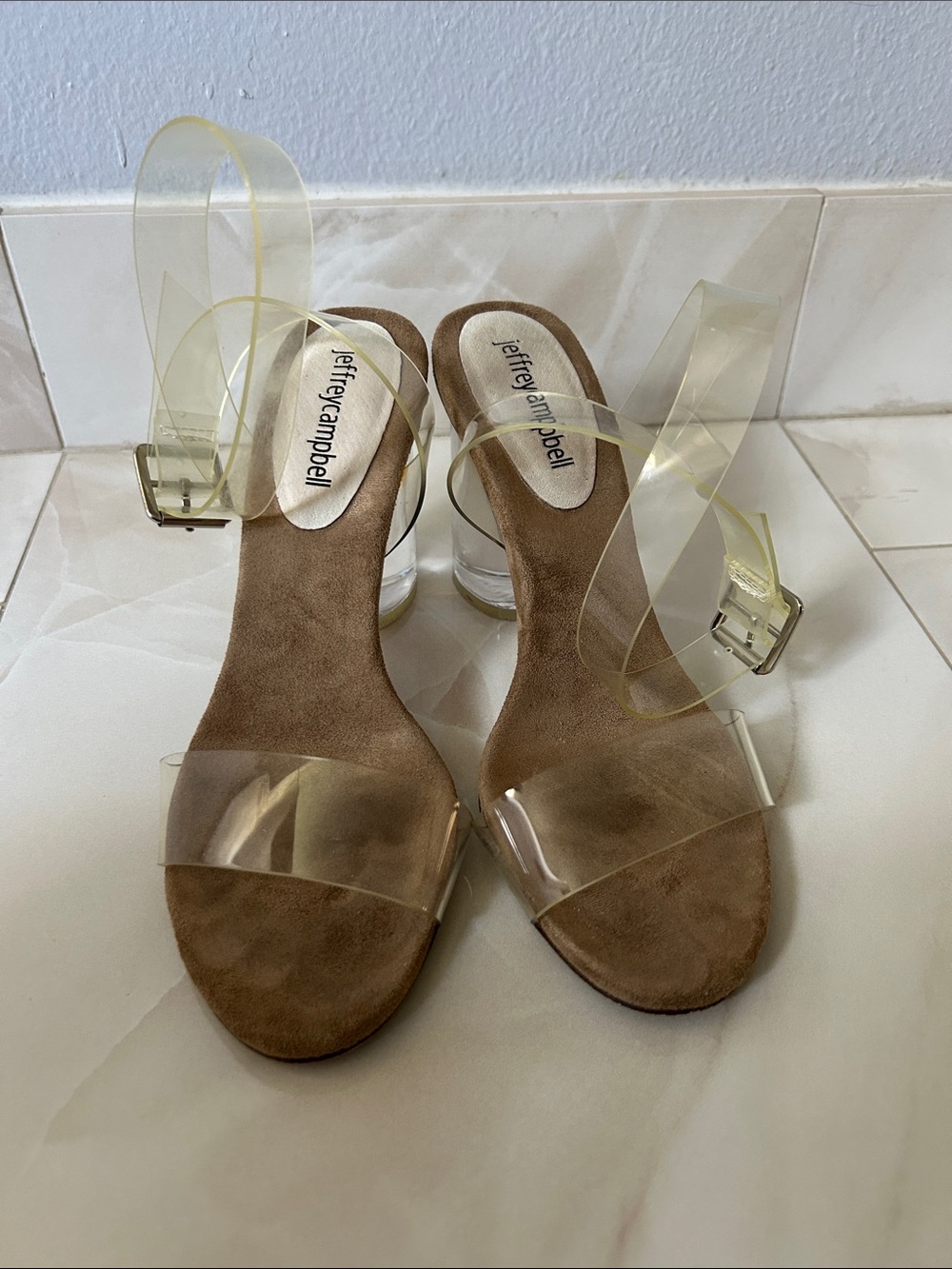 Jeffrey Campbell women's transparent clear heels with an adjustable ankle strap